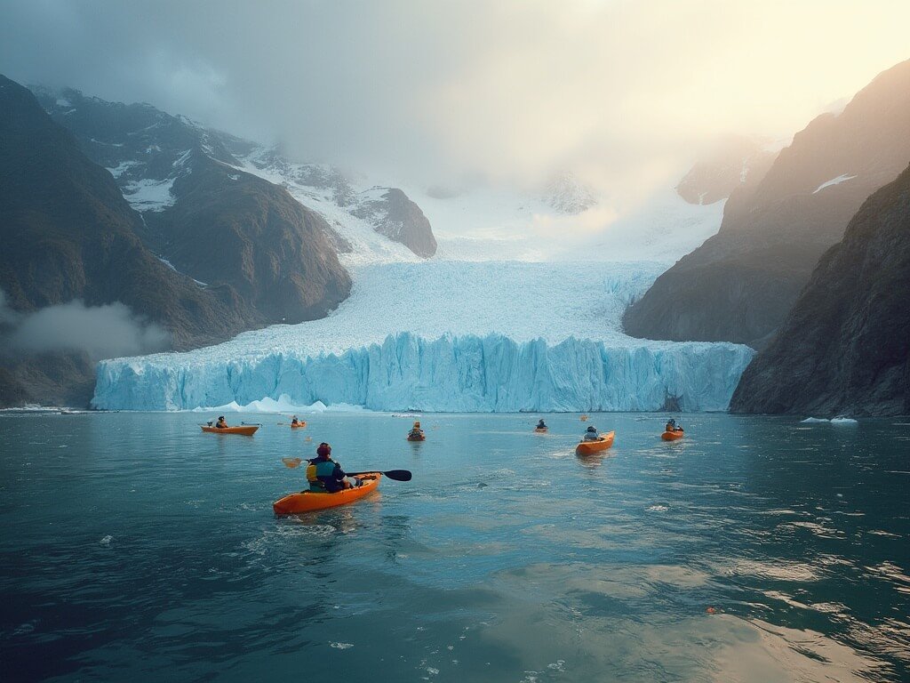 Kayakers navigating a serene glacial bay with snow-capped mountains and receding glaciers in golden evening light