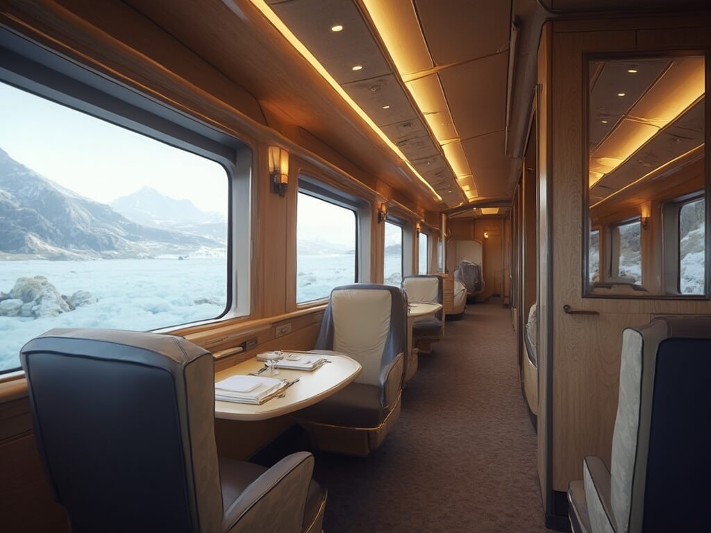 Interior of Glacier Express Excellence Class cabin featuring plush leather seats, panoramic windows, elegant wood finishes, with natural light highlighting its luxurious comfort and technological sophistication