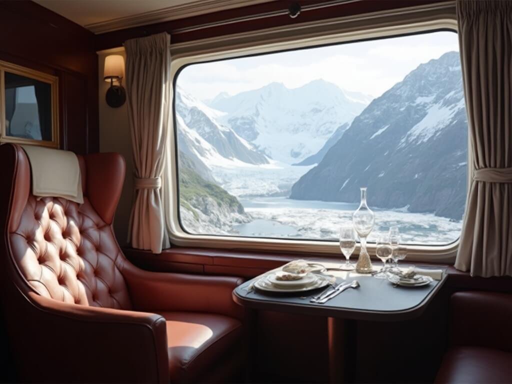 Luxurious leather armchair by a panoramic window in the Glacier Express Excellence Class, overlooking snow-capped mountains