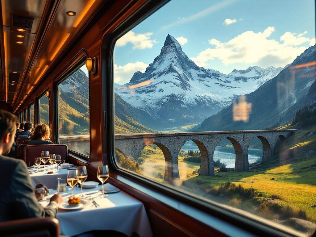 "Passengers in the Glacier Express train enjoying gourmet meals while viewing the Matterhorn mountain, Landwasser Viaduct, and panoramic Swiss Alps scenery through curved windows, with sunlight reflecting off wine glasses"