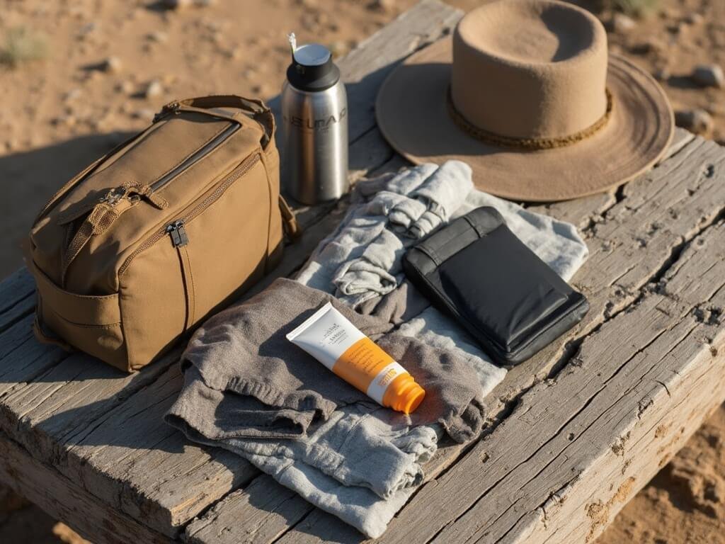 Glamping survival kit on a wooden surface, including sunscreen, lightweight clothing, a sun hat, battery pack, first-aid kit, and water bottle, with a desert background