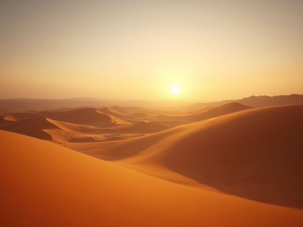 Golden sand dunes at sunset with soft shadows over desert terrain stretching to the horizon