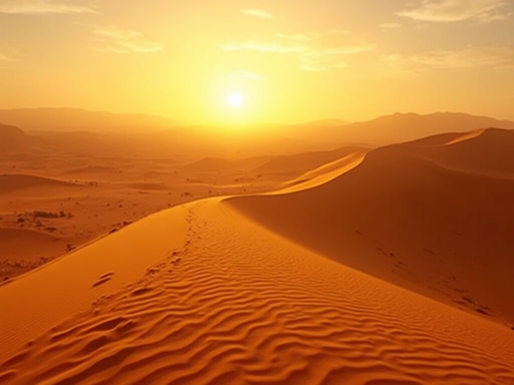 Golden sand dunes bathed in warm sunset light with rippling sand textures and an expansive horizon, depicting a serene desert landscape with no people visible.