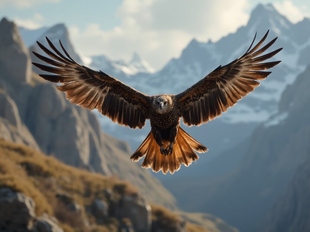 Golden eagle in mid-flight with wings spread wide, against a rugged Highland mountain landscape, illuminated by soft early morning light