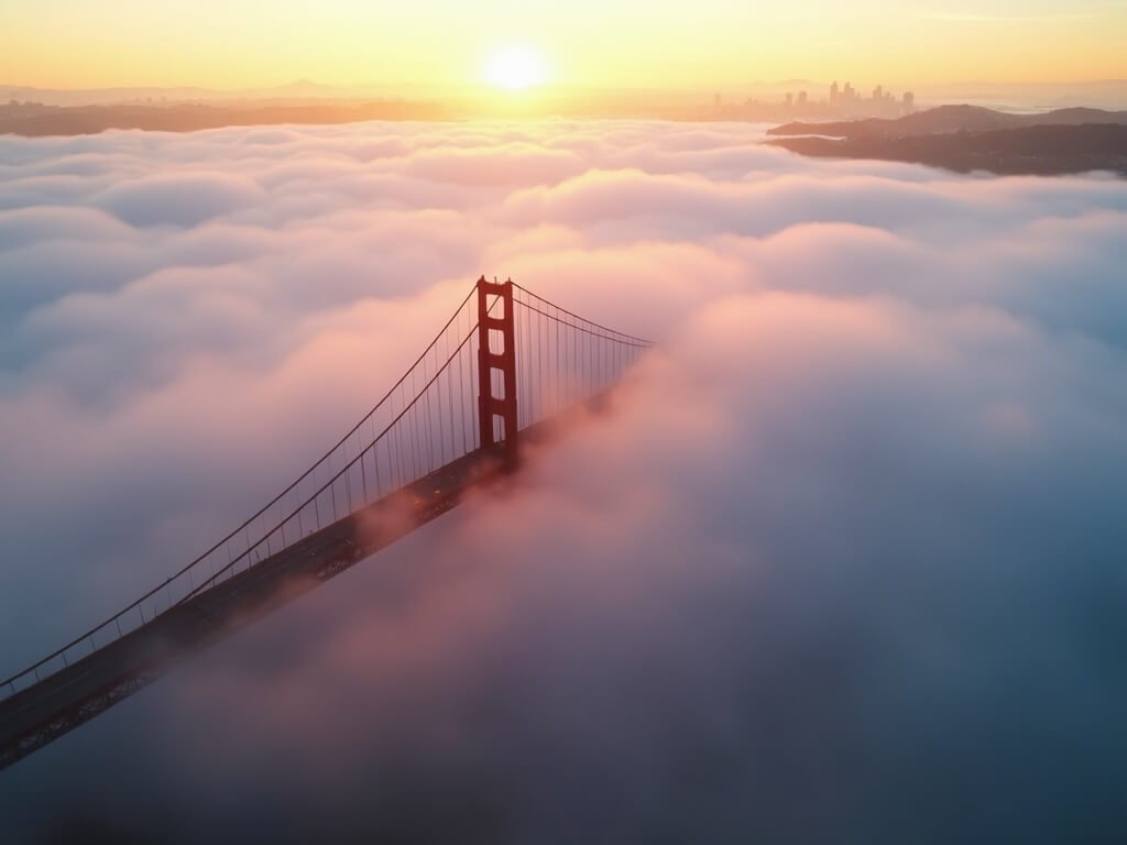 Golden Gate Bridge at sunrise peeking through thick fog with backdrop of San Francisco cityscape in morning light