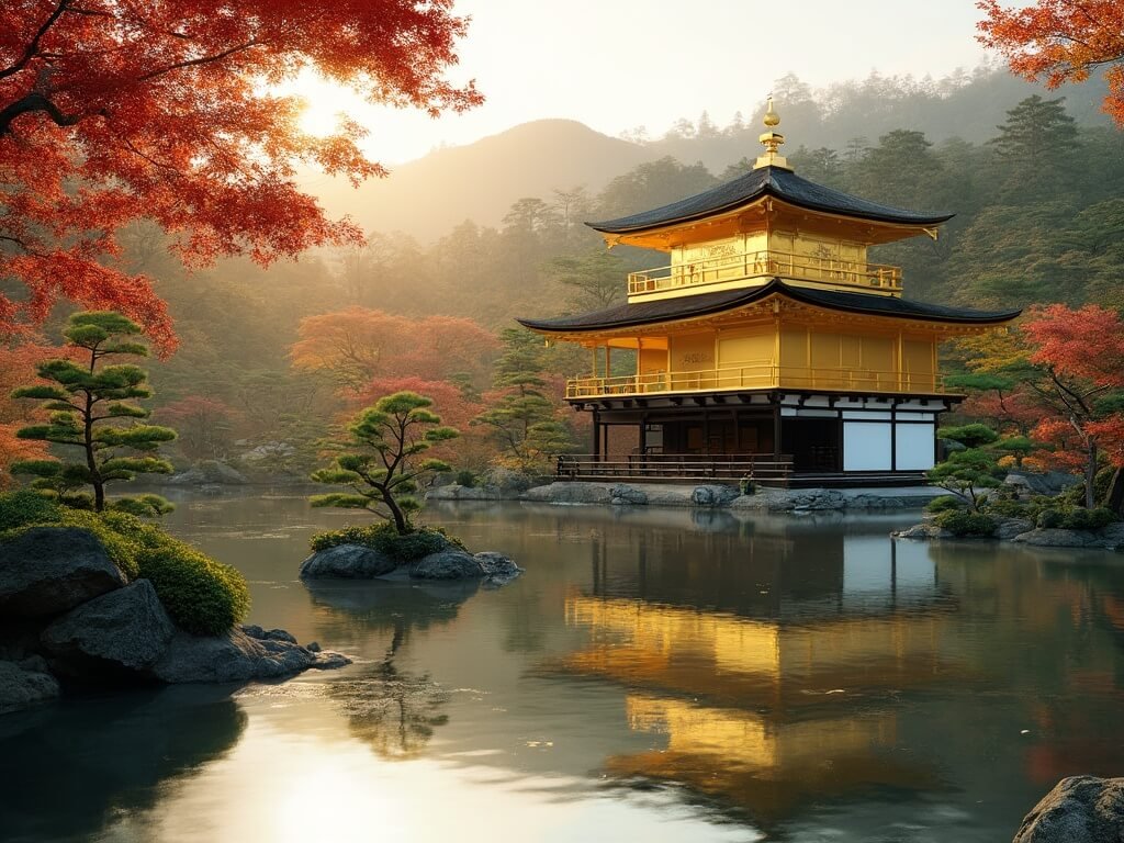 Golden pavilion reflecting on serene pond in a manicured Japanese garden during morning sunlight with maple trees and moss-covered stones in sharp detail