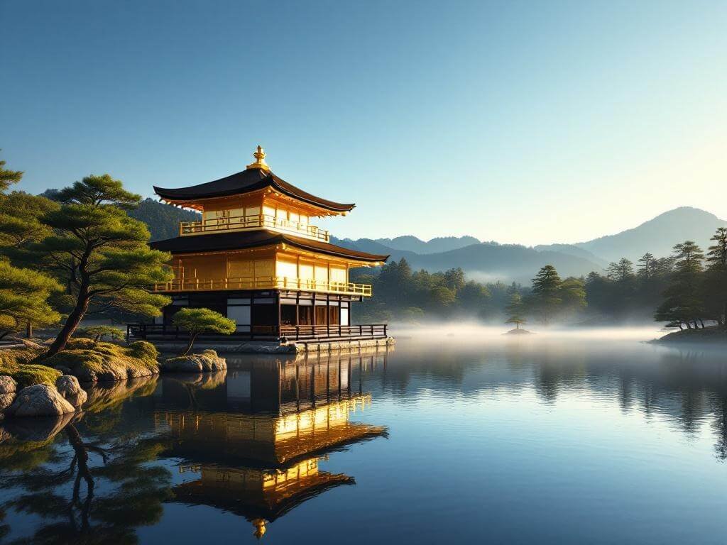 "Kinkaku-ji Golden Pavilion reflected in a serene pond at sunrise, surrounded by a traditional Japanese garden, under a clear blue sky"