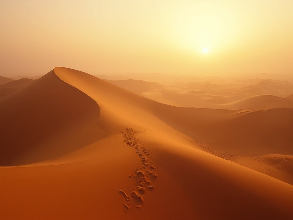 Sahara Desert at golden hour with soft shadows on undulating sand dunes showcasing solitude and depth