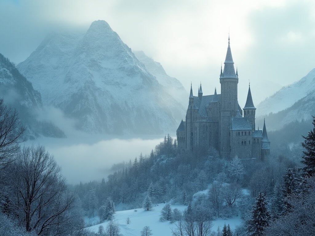 Gothic castle silhouette against snow-covered mountains in ethereal morning light