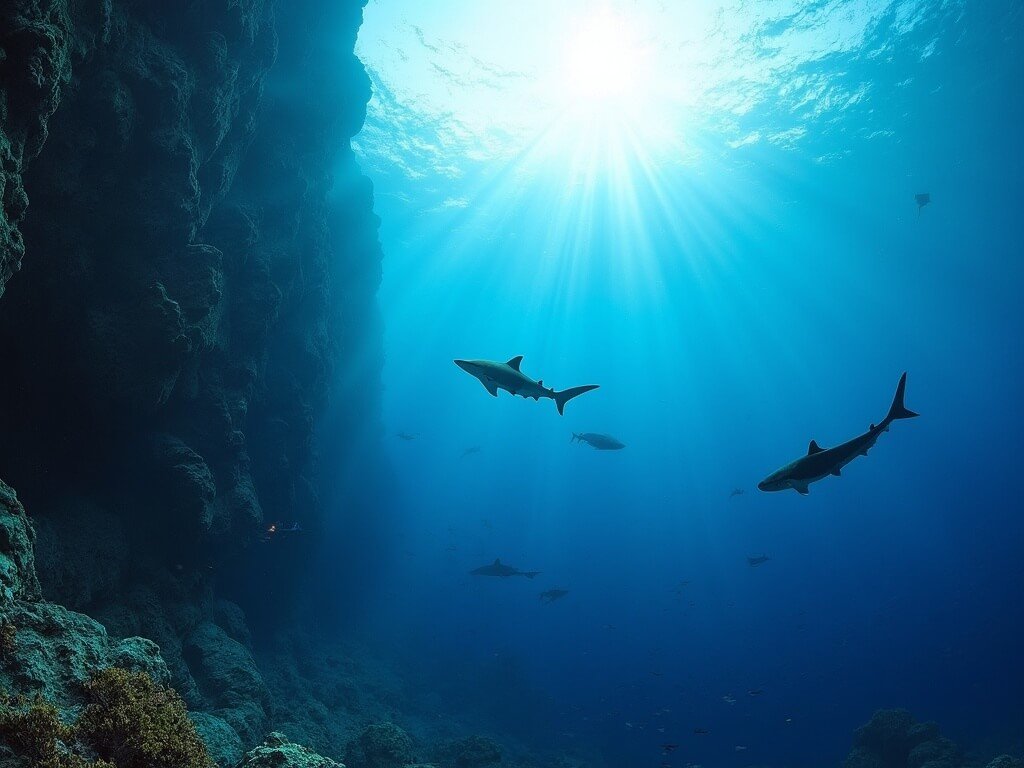 Panoramic underwater view of a vertical reef wall with various species of sharks swimming in the depths of the Great Barrier Reef