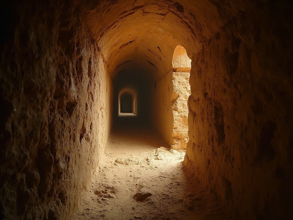 Narrow, steep limestone tunnel inside the Great Pyramid with dramatic low lighting
