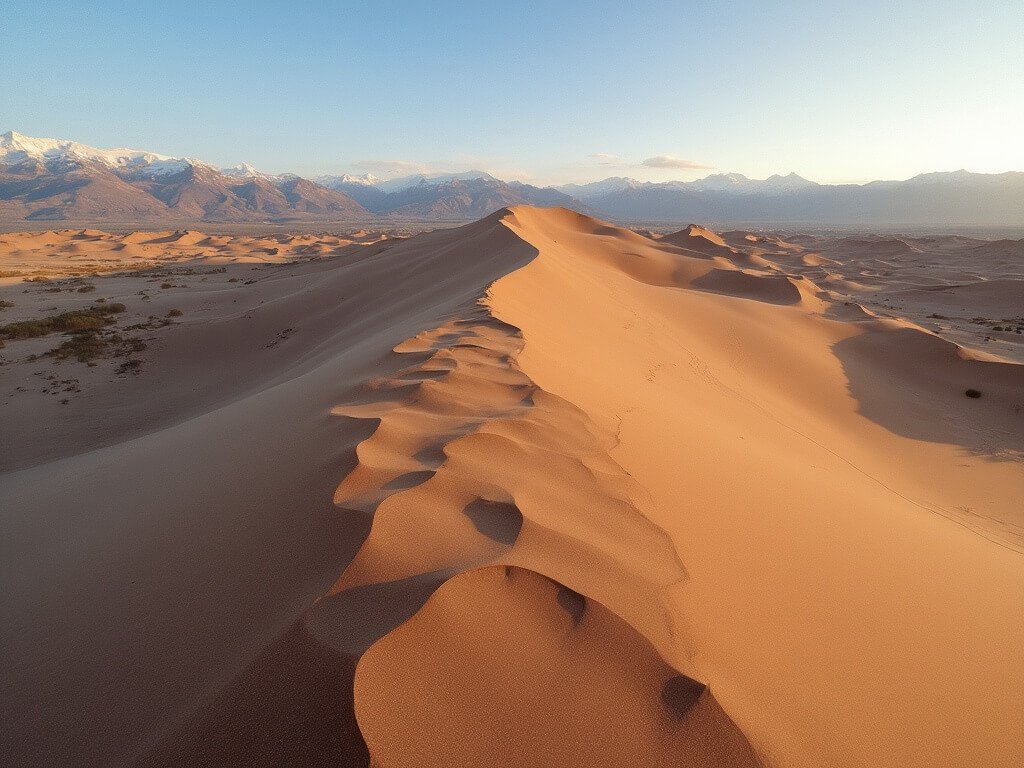 Panoramic view of Great Sand Dunes in early autumn with mountain range background and golden light casting shadows on sand formations