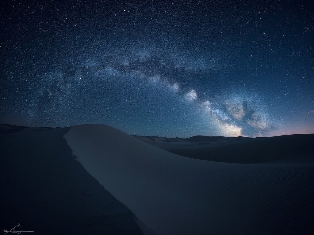Great Sand Dunes under a starlit sky with the Milky Way overhead, captured in detailed astrophotography