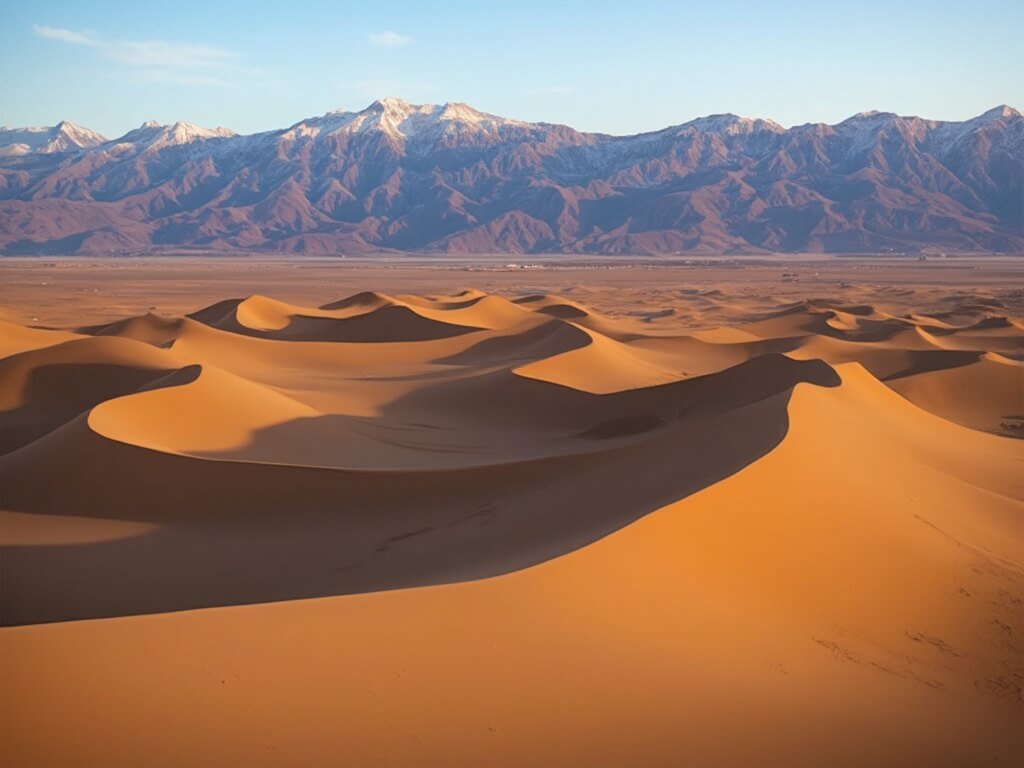 Panoramic view of Great Sand Dunes National Park at sunrise, with large sand dunes casting shadows and Sangre de Cristo Mountains in the background