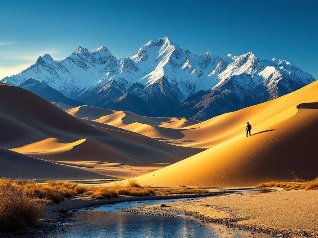 "Hiker with sandboarding gear ascending steep golden dunes at Great Sand Dunes National Park, with snow-capped Sangre de Cristo Mountains in the background and Medano Creek in the foreground during sunrise or sunset."