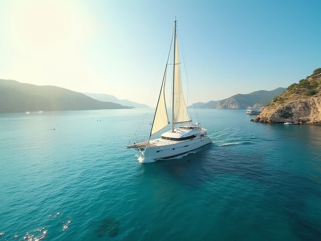 Greek sailing yacht cruising calm turquoise Aegean seas with Cycladic islands backdrop in golden late afternoon sunlight