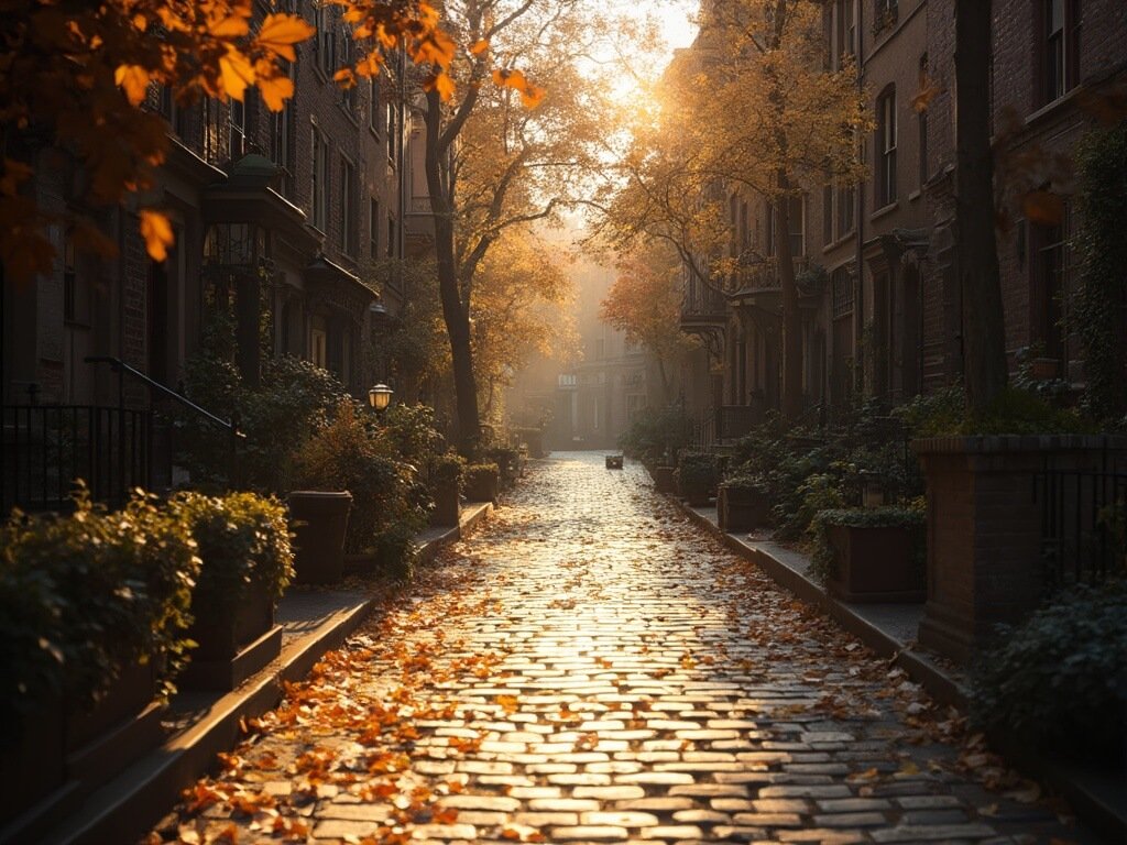 Cobblestone streets of Greenwich Village at golden hour, featuring historic brownstone buildings and autumn leaves on the sidewalk