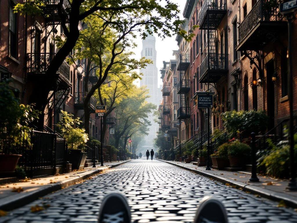 "First-person view of cobblestone streets in Greenwich Village, New York City, displaying worn brick townhouses, tree-lined sidewalks, and distant glimpse of the Flatiron Building during the golden hour morning lighting"