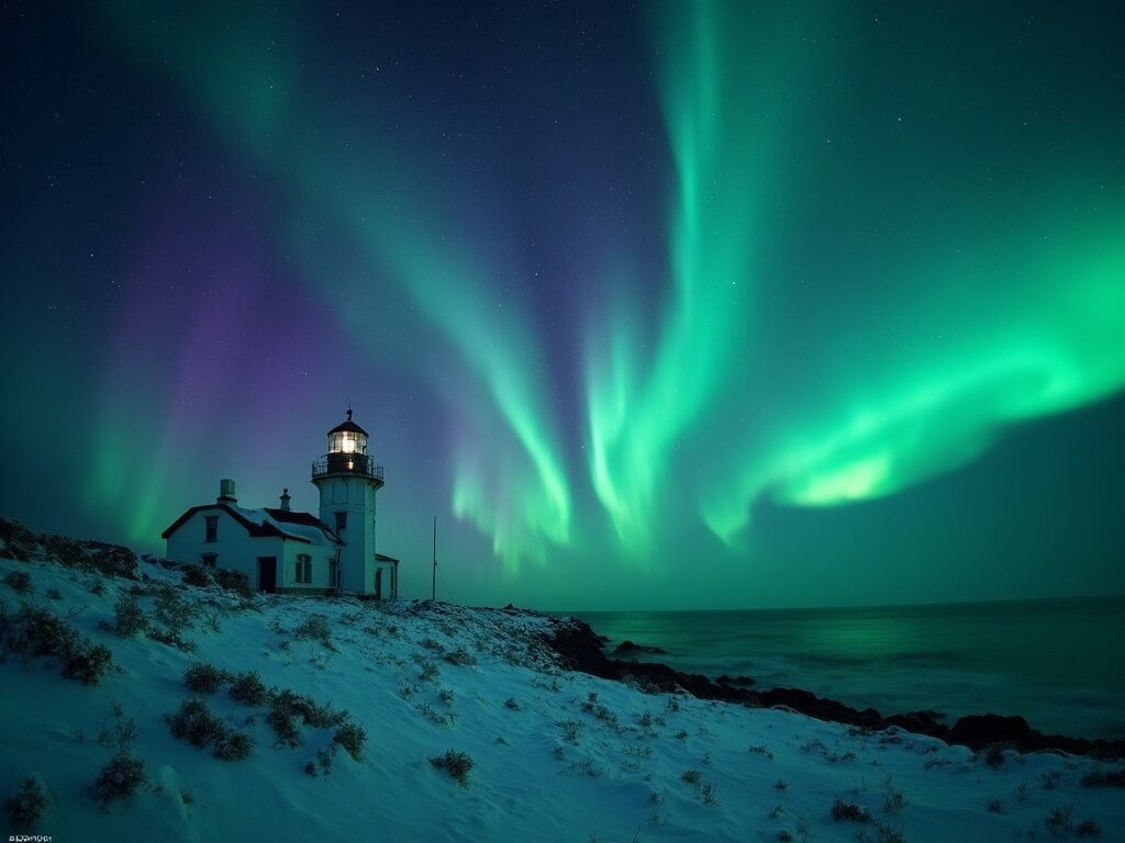 Grótta Lighthouse under vibrant Northern Lights with starry skies and Icelandic winter coastline, in astrophotography style