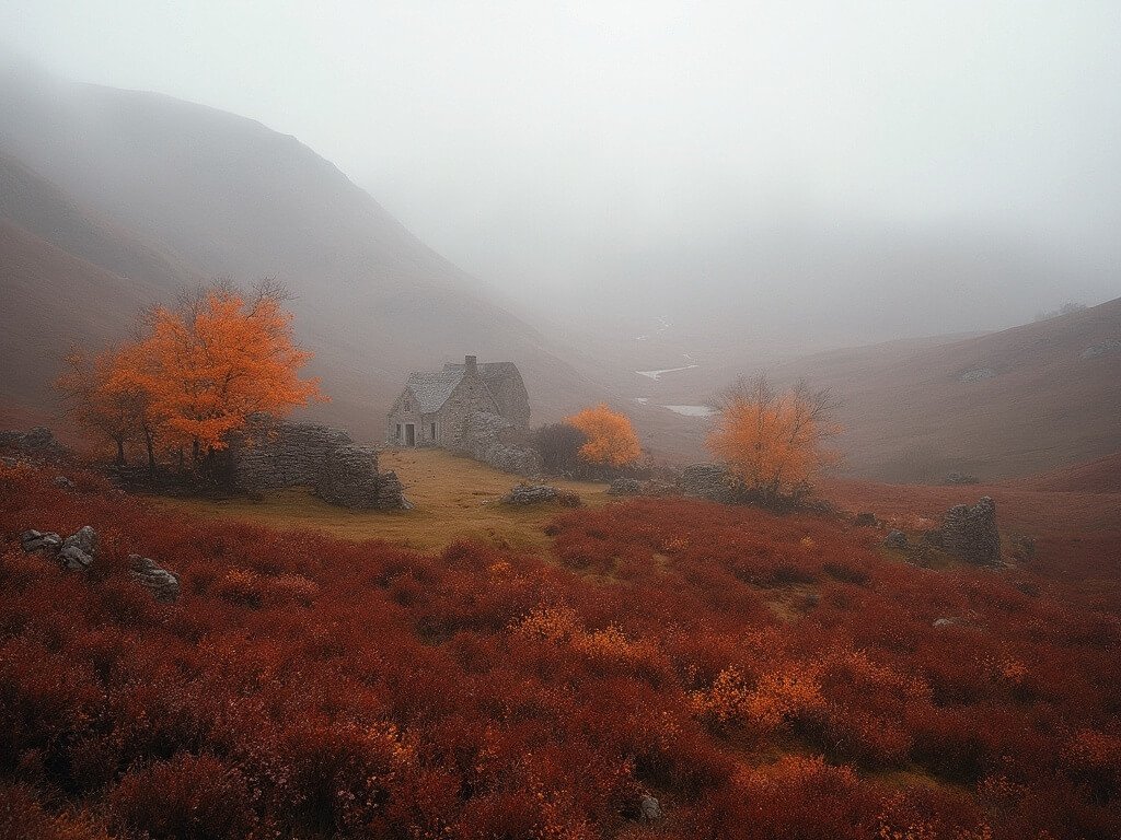 Misty autumn Highland landscape with orange and golden leaves on heather-covered hills and distant stone cottage in soft atmospheric light