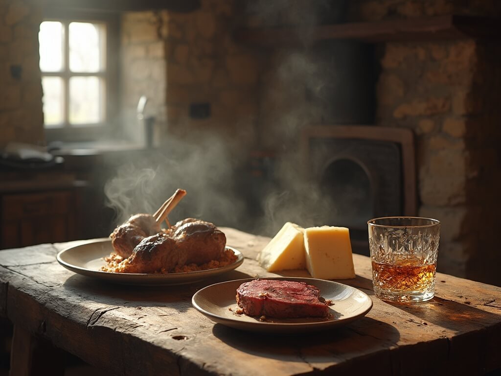 Highland culinary spread on a rustic wooden table featuring steamed local lamb, handmade cheese, and single malt whisky in a crystal glass, stone walls and natural light from a small window in the background
