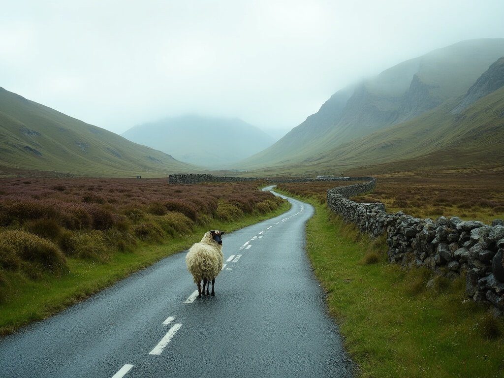 Narrow Highland road winding through green countryside with a lone sheep, bordered by stone walls and heather hills, misty mountains and untouched nature in background