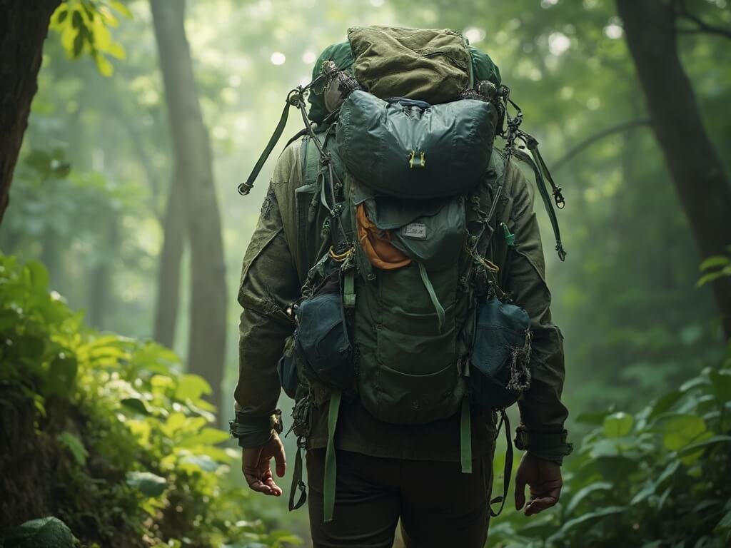 Close-up of a hiker's equipped backpack with survival gear against a lush rainforest background