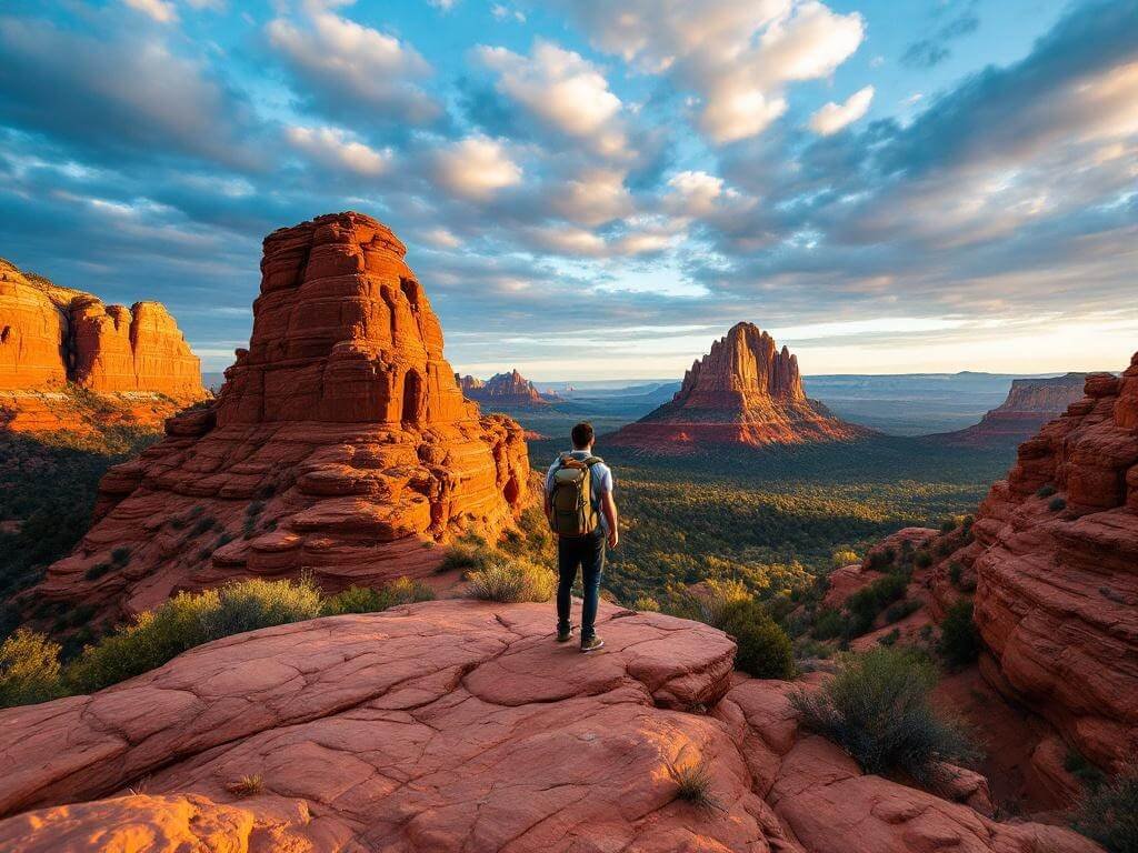 "Hiker observing panoramic vista of Cathedral Rock and Courthouse Butte from Bell Rock in Sedona, Arizona during golden hour"
