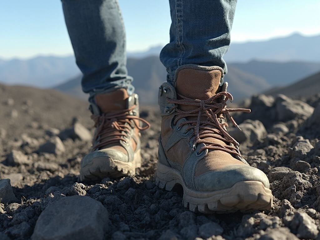 Hiker's worn boots on rough volcanic terrain during challenging Acatenango trek with distant mountains in background