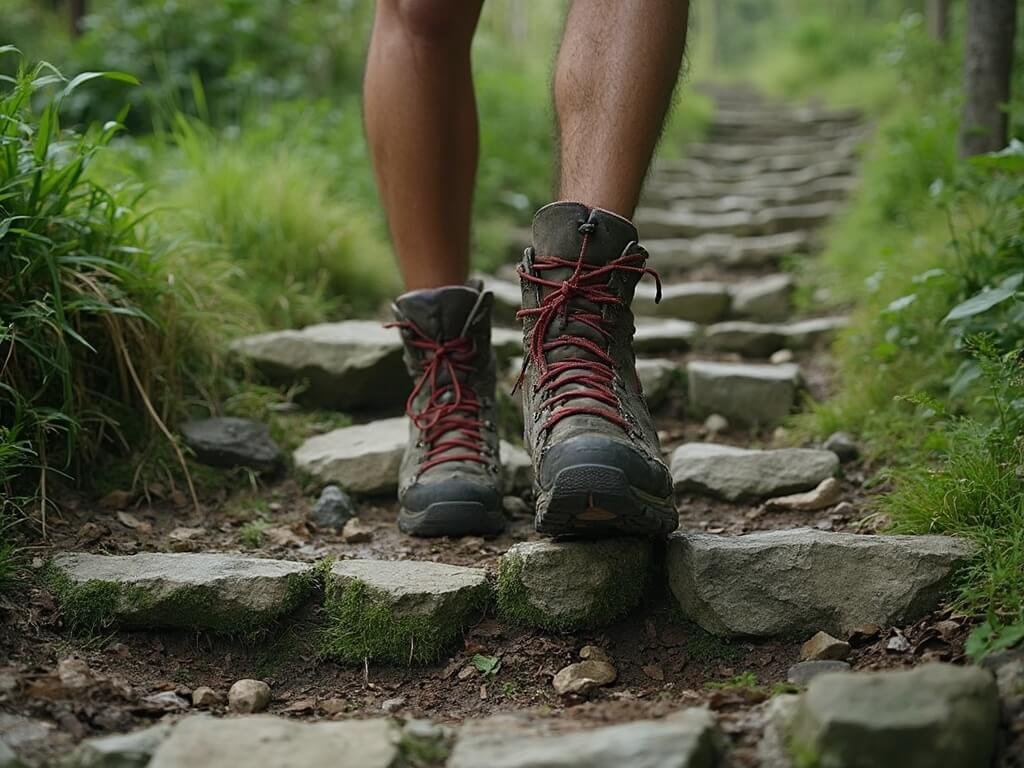 Hiker's worn boots on ancient Incan stone pathway, surrounded by mossy steps and lush forest vegetation