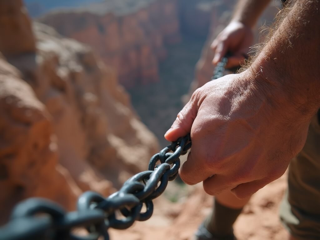 Hiker's hands gripping safety chains on steep trail, displaying determination, with rugged rock texture and blurred canyon landscape in the background