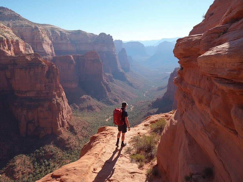Hiker demonstrating intense focus while standing on narrow ridge with steep drops on both sides against Zion National Park's dramatic red rock formations and blue sky