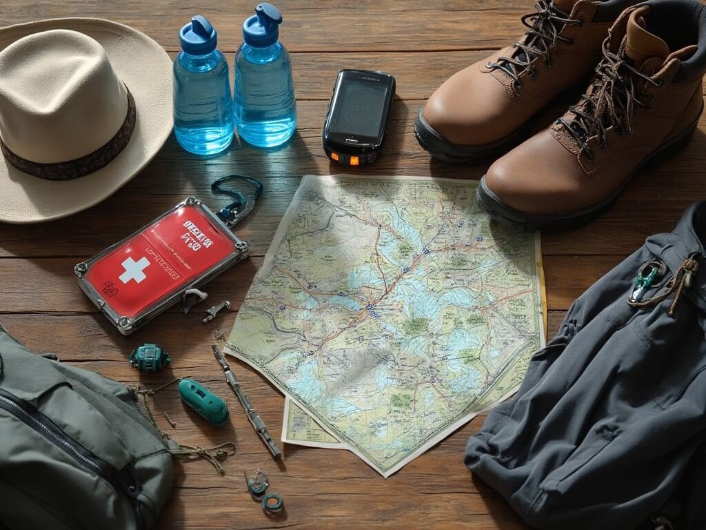 Hiking essentials carefully arranged on rustic wooden surface including water bottles, GPS device, first aid kit, emergency whistle, boots, sun hat, and map in natural lighting