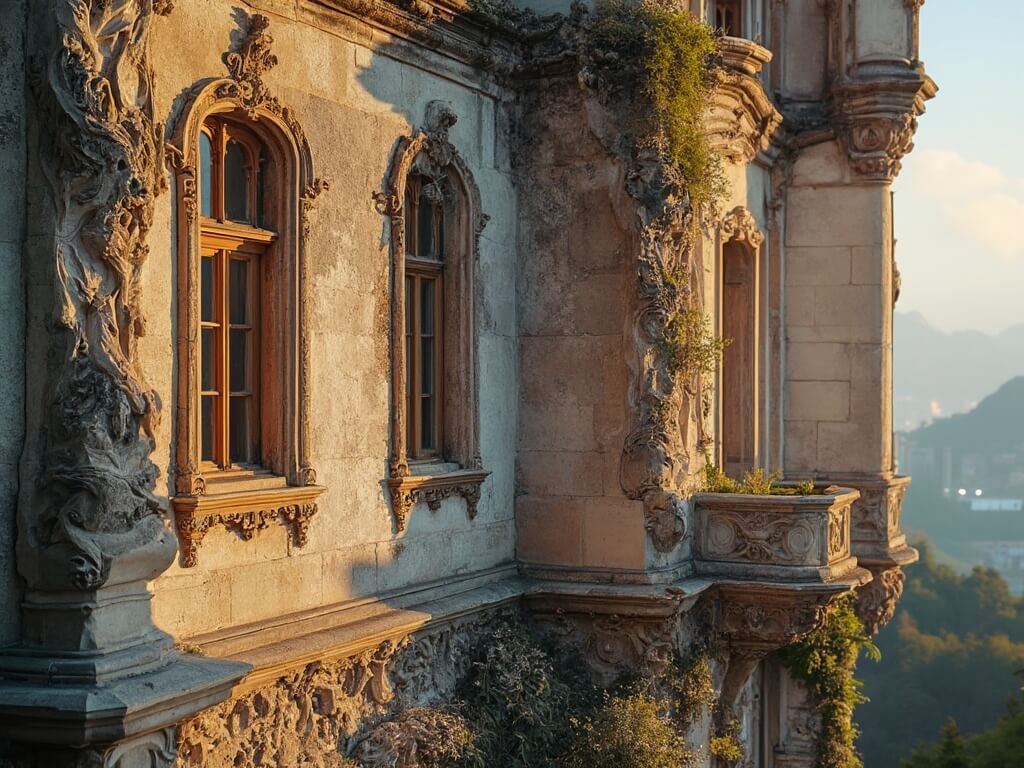 Hohenschwangau Castle's exterior featuring intricate Baroque and Romantic architectural elements, stone carvings, and royal windows under soft golden hour lighting