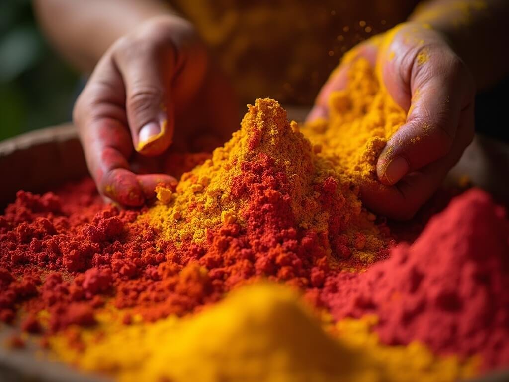 Hands meticulously preparing a variety of vibrant Holi color powders, with a focus on textures and hues under soft light