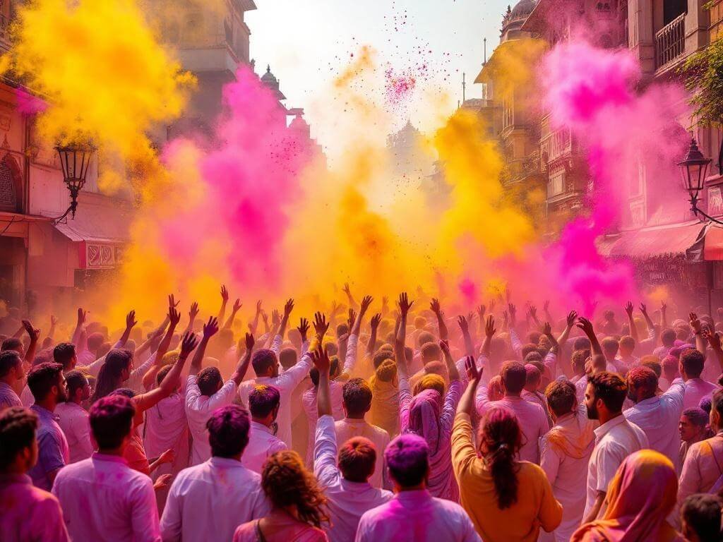 "Crowds celebrating Holi festival in Mathura, India, throwing colorful gulal powder, with ornate temples in background and golden hour lighting."
