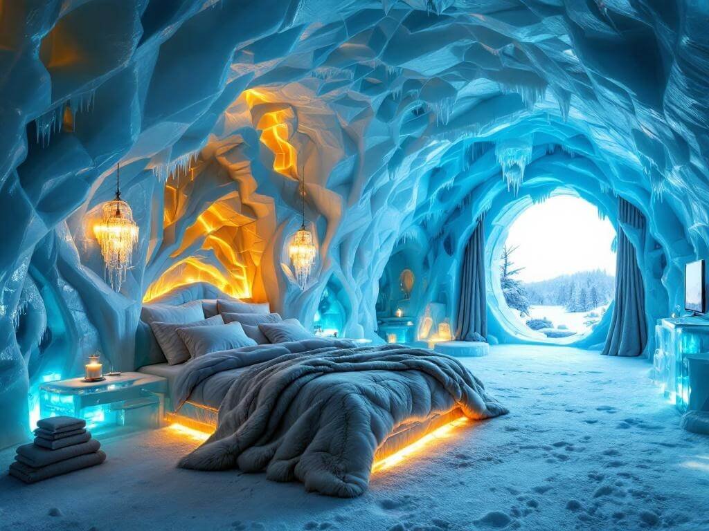 "Elaborately carved ice hotel bedroom in Swedish Lapland with bed covered in reindeer furs, thermal sleeping bags, intricate ice sculptures, warm amber lighting, icicle chandeliers, and aurora borealis light filtering through, with an ambient temperature of -5°C"