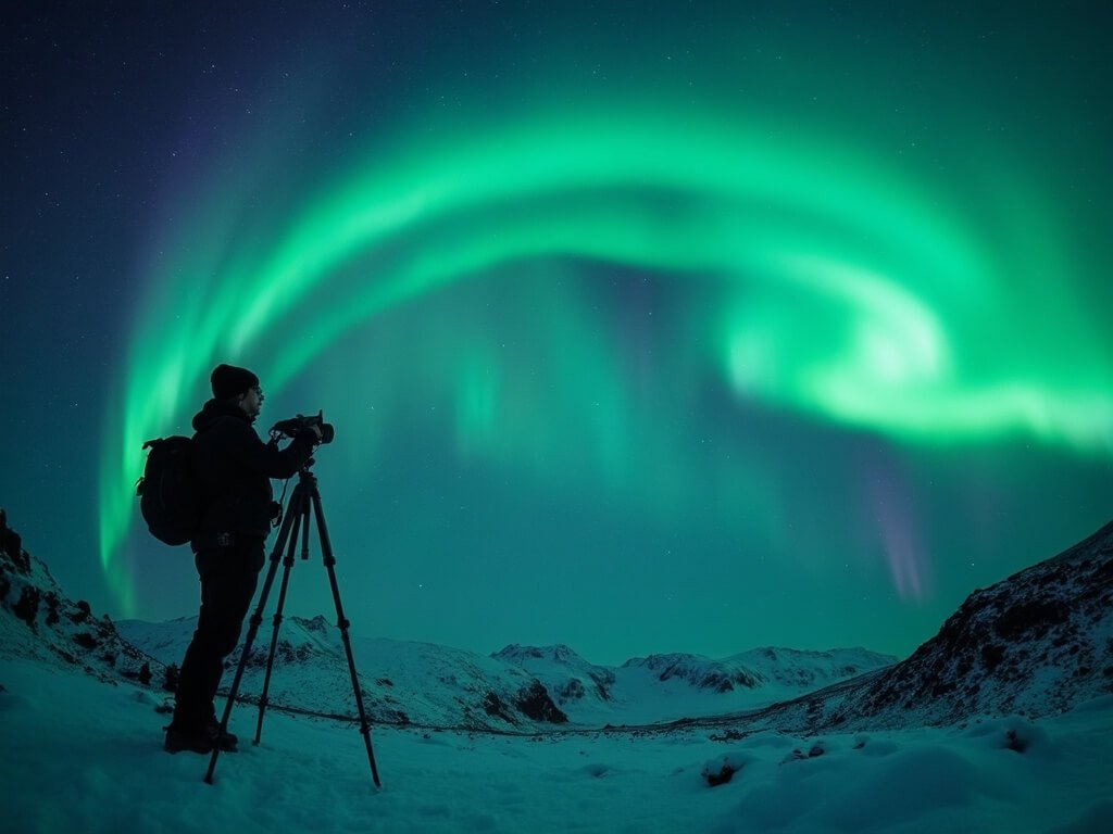 Photographer capturing aurora borealis under starry night sky over snowy volcanic landscape in Iceland