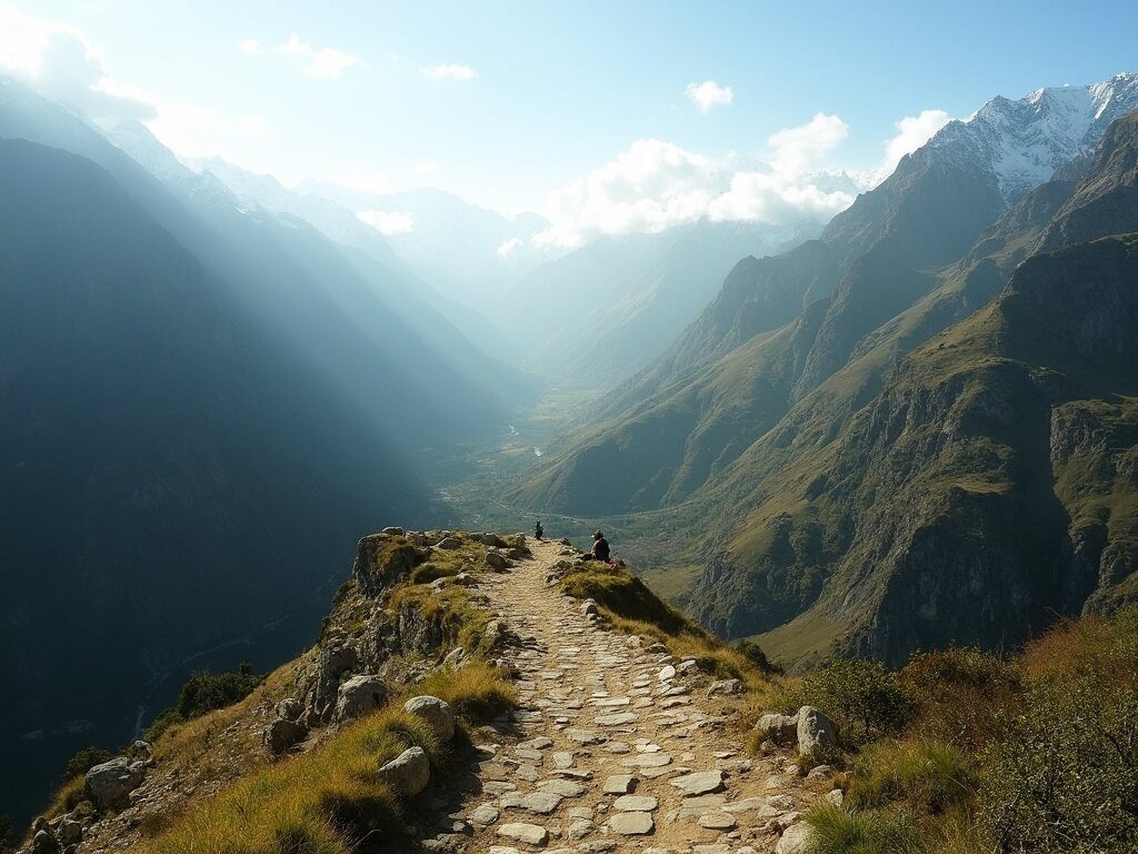 Inca Trail panoramic landscape with rugged mountains, ancient stone pathways, green valleys, and misty morning light