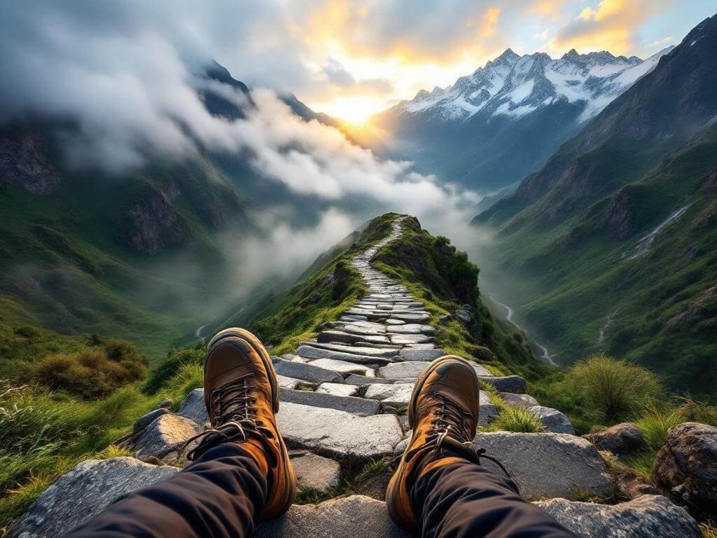 "Hiker's boots on ancient Incan steps at Dead Woman's Pass, trekking poles, misty Andean mountains, Inca Trail, cloud forest, distant snow-capped peaks and sunrise light in the Peruvian Andes"