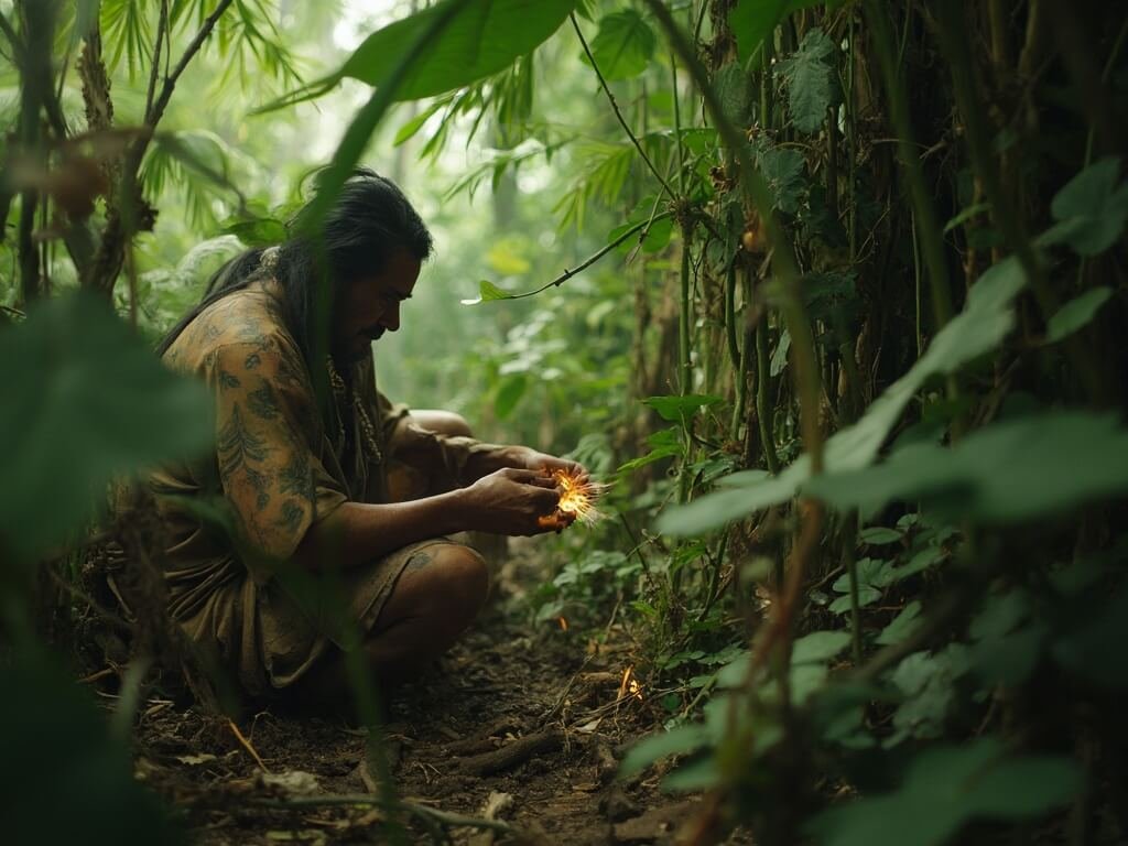 Indigenous guide demonstrating traditional plant medicine amidst dense Amazon foliage under soft light, highlighting cultural connection to environment