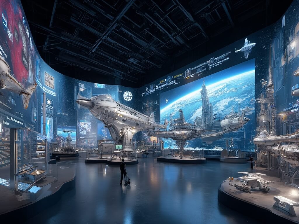 International Space Station exhibit showcasing scale models, global flags, technical diagrams, and mission timelines portraying the interconnectedness of space exploration
