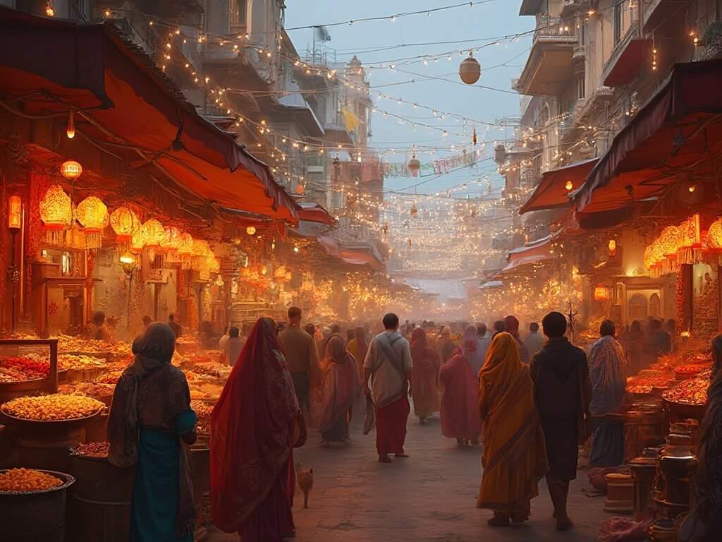 Busy Diwali festival street scene in Jaipur with decorated markets, traditional lanterns, crowds of people, and Rajasthani architecture