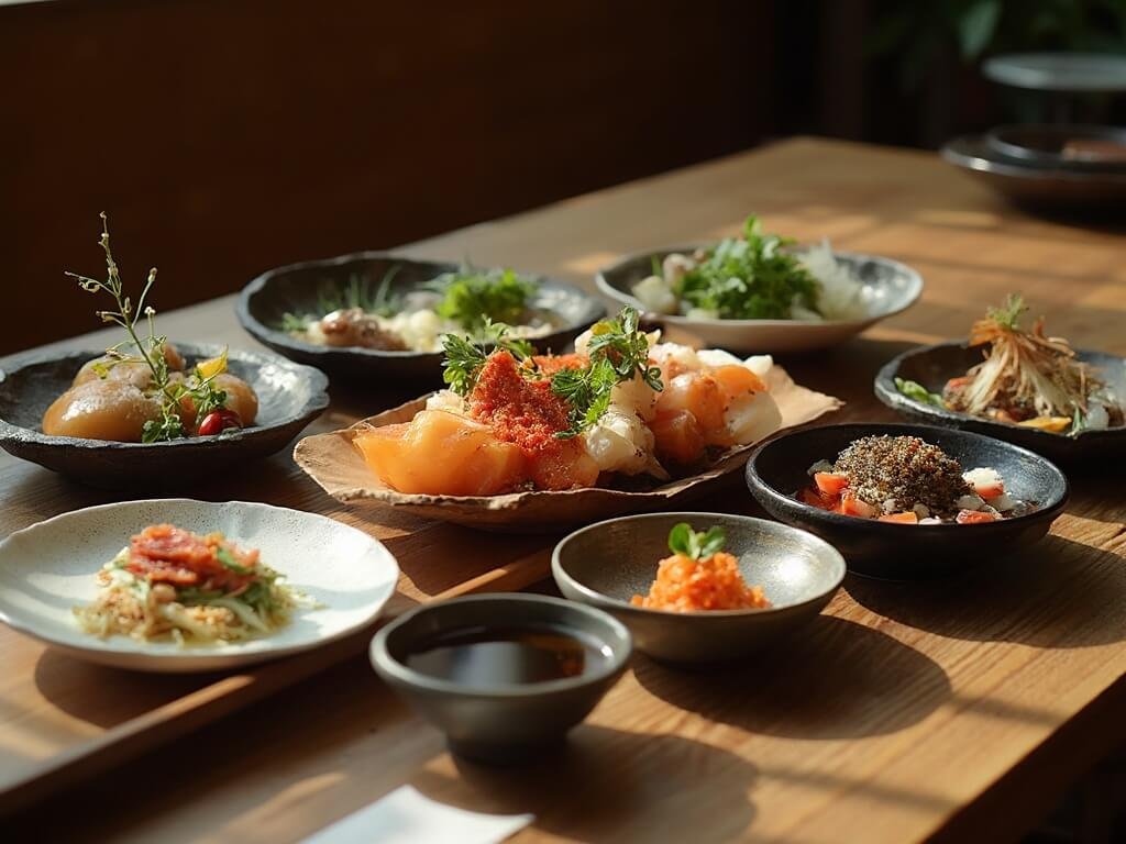 Exquisite kaiseki dinner meticulously arranged on a minimalist wooden table with multiple small ceramic dishes showcasing seasonal Japanese haute cuisine under soft natural lighting