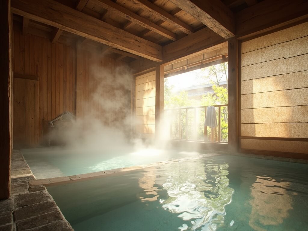 Traditional Japanese onsen with wooden bathing area, steam rising, and natural light filtering through rice paper screens, showcasing clean tiles and a tranquil bathing ritual space with no people visible
