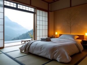 "Interior of a traditional Japanese ryokan room with futon bedding on tatami mat, shoji sliding doors, wooden table with floor cushions, and a view of misty mountain landscape in Nagano countryside."
