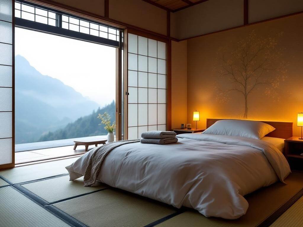 "Interior of a traditional Japanese ryokan room with futon bedding on tatami mat, shoji sliding doors, wooden table with floor cushions, and a view of misty mountain landscape in Nagano countryside."