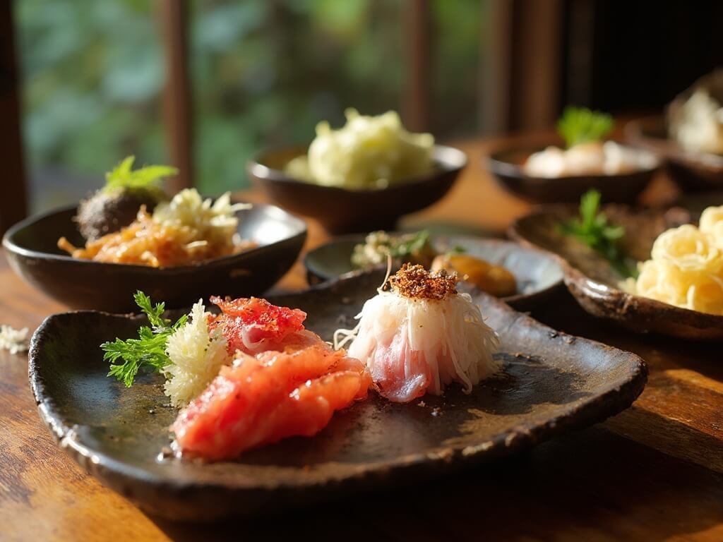 Kaiseki cuisine displayed on ceramic plates, comprising multiple seasonal dishes, on a wooden table with a traditional garden backdrop