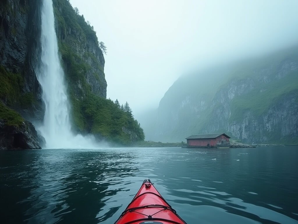 Sea kayak navigating near large waterfall in Geirangerfjord with a deserted mountain farm on a distant cliff, under a misty and dramatic fjord landscape
