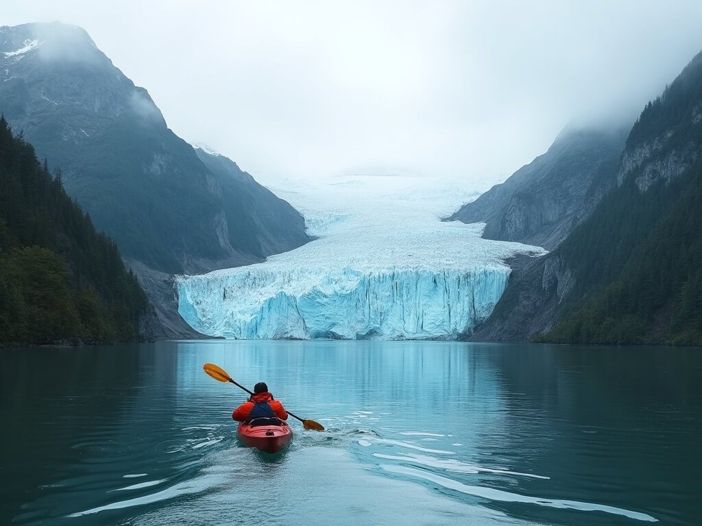 Sea kayak navigating calm glacial waters, with towering blue-white glaciers and green rainforest in background, in Alaskan wilderness